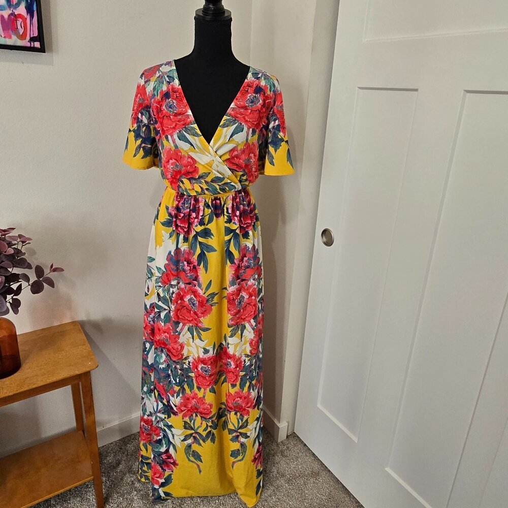 Flying Tomato Yellow Pink Floral Maxi Dress Small Perfect for Easter